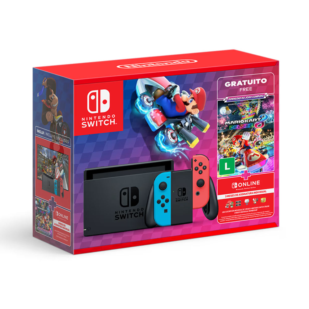 Console Nintendo Switch V2 com Mario Kart 8 Deluxe e 3 Meses de Assinatura Nintendo Switch Online